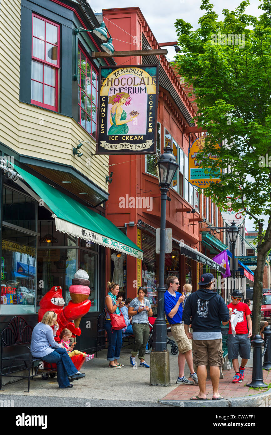Shops on Main Street in Bar Harbor, Mount Desert Island, Maine, USA Stock Photo