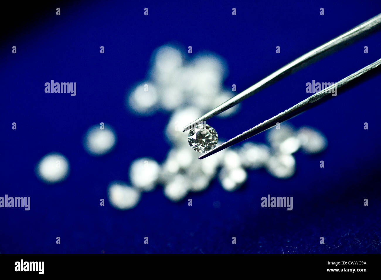 Cut and polished diamonds . They are DTC or Diamond Trading Company diamonds [ ie ethically sourced] originating from around the Stock Photo