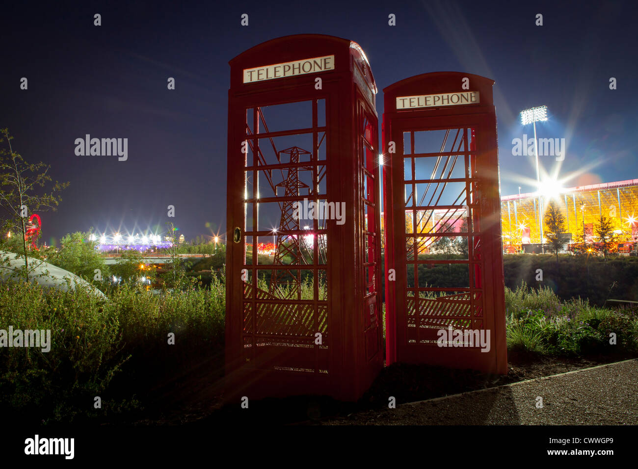 Red Telephone Boxes at Olympic Park London Stock Photo