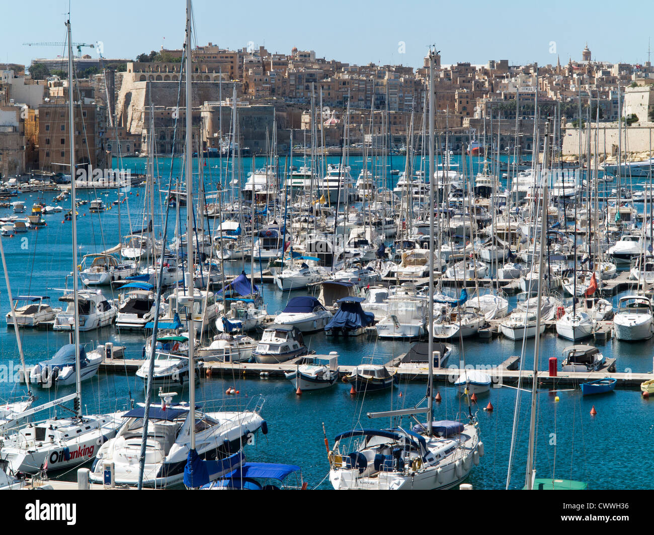 Boats moored in the Grand Harbour Valletta, Island of Malta, Mediterranean Stock Photo
