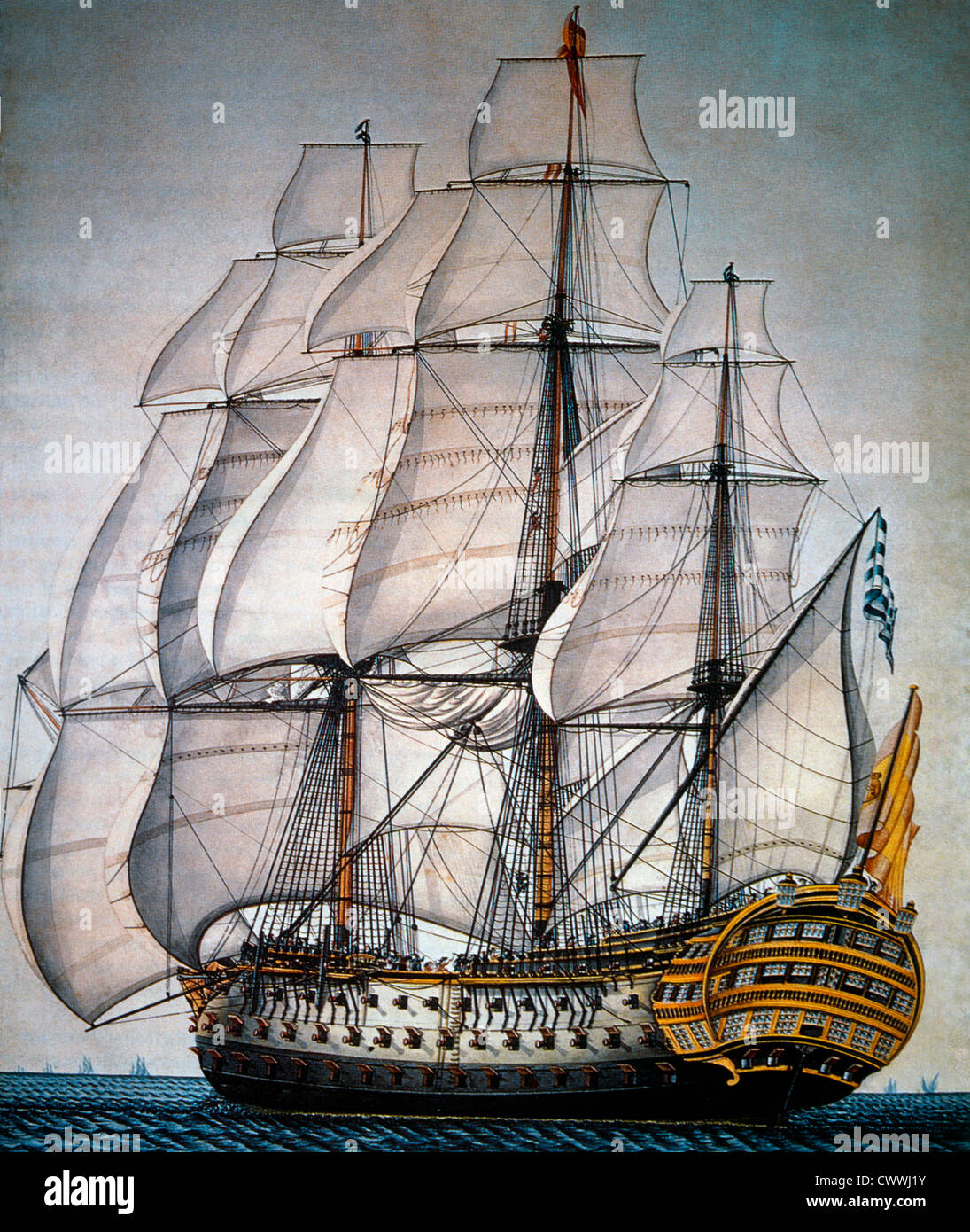 Spanish Warship, Santisima Trinidad, Largest 18th Century Warship, Lithograph Stock Photo