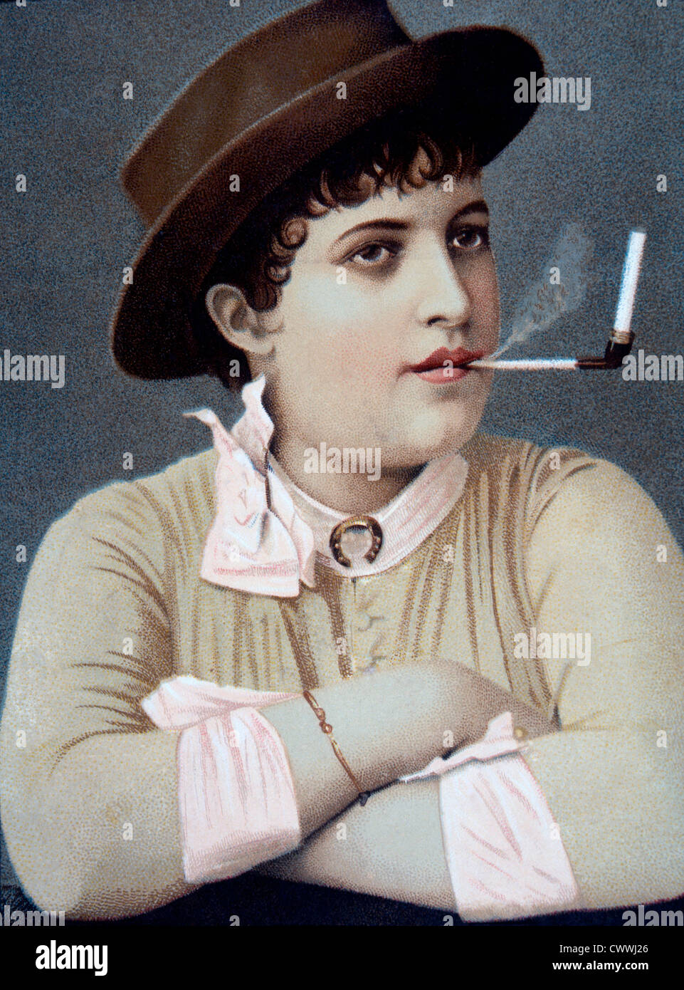 1880s cigarettes Woman Smoking a Cigarette, Lithograph, circa 1880 Stock Photo