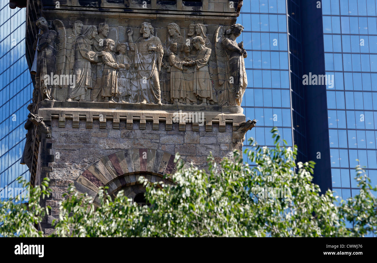 Trinity Church and reflective glass of the Hancock Tower in Boston, Massachusetts Stock Photo