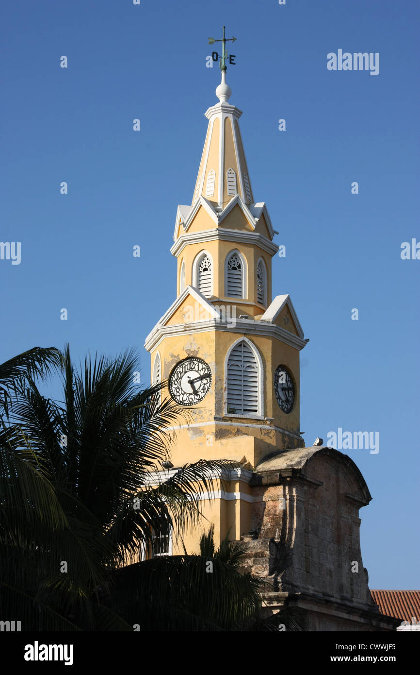 Colonial church clock tower seen from city wall of the UNESCO [World Heritage Site] of Cartagena, Colombia South America Stock Photo