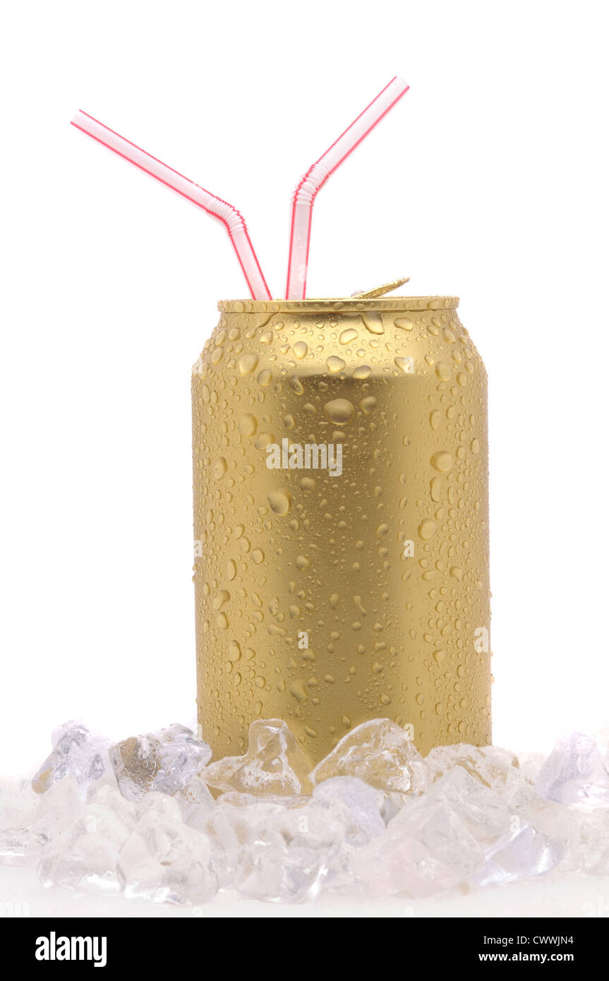 soda can with two drinking straws standing in Ice Cubes with condensation isolated on white vertical composition Stock Photo