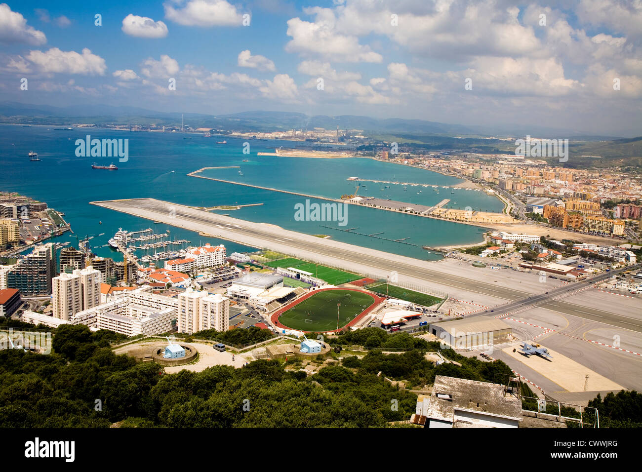View across Gibraltar runway to La Linea Stock Photo