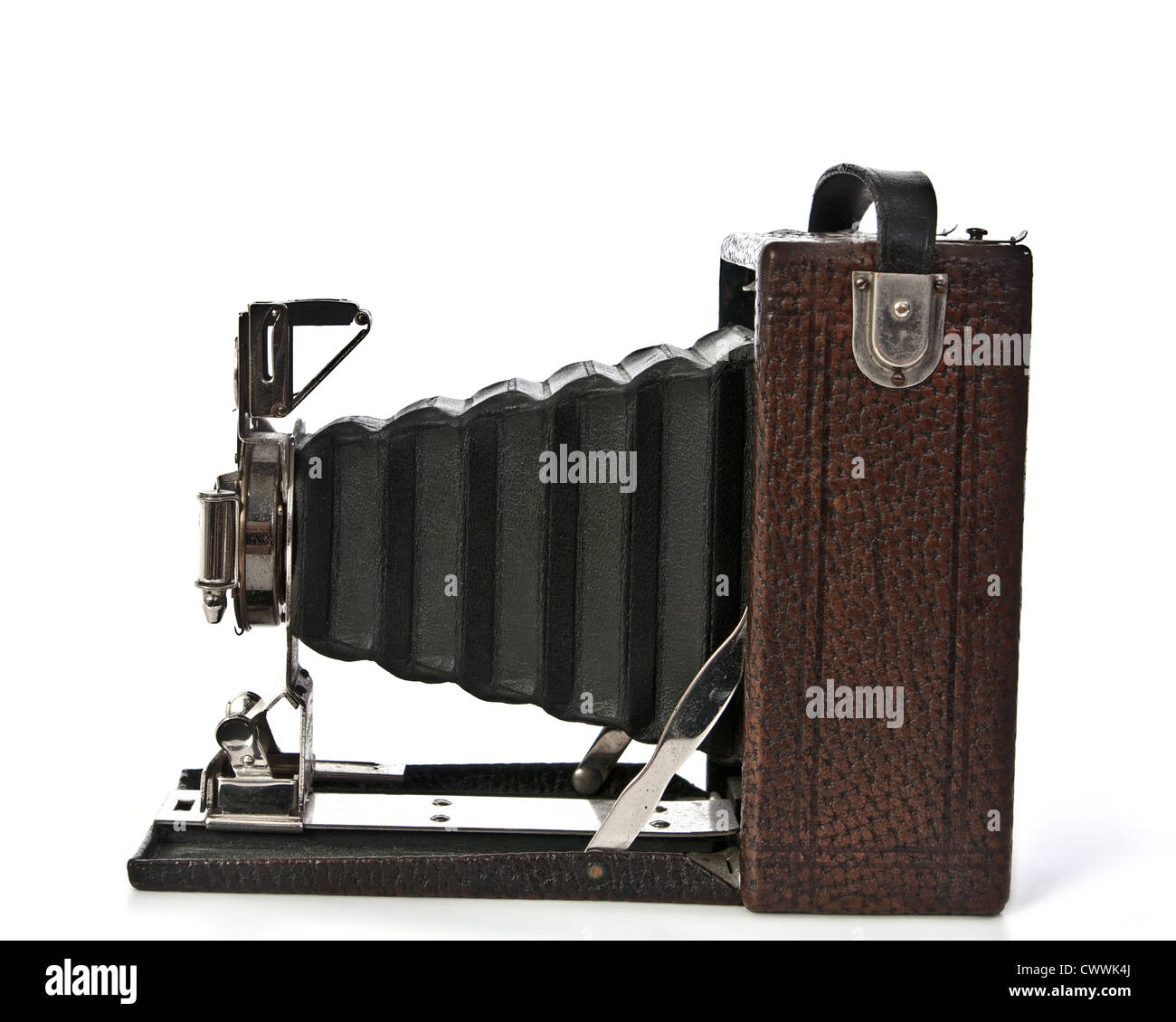 Vintage Folding bellows camera, brown with black bellows, side view