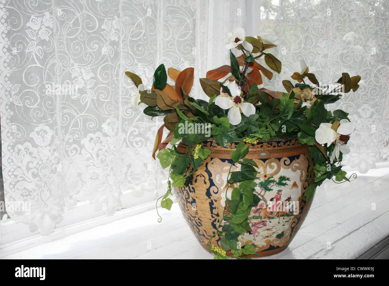 still life with chantilly lace flowers in vase chantily Stock Photo