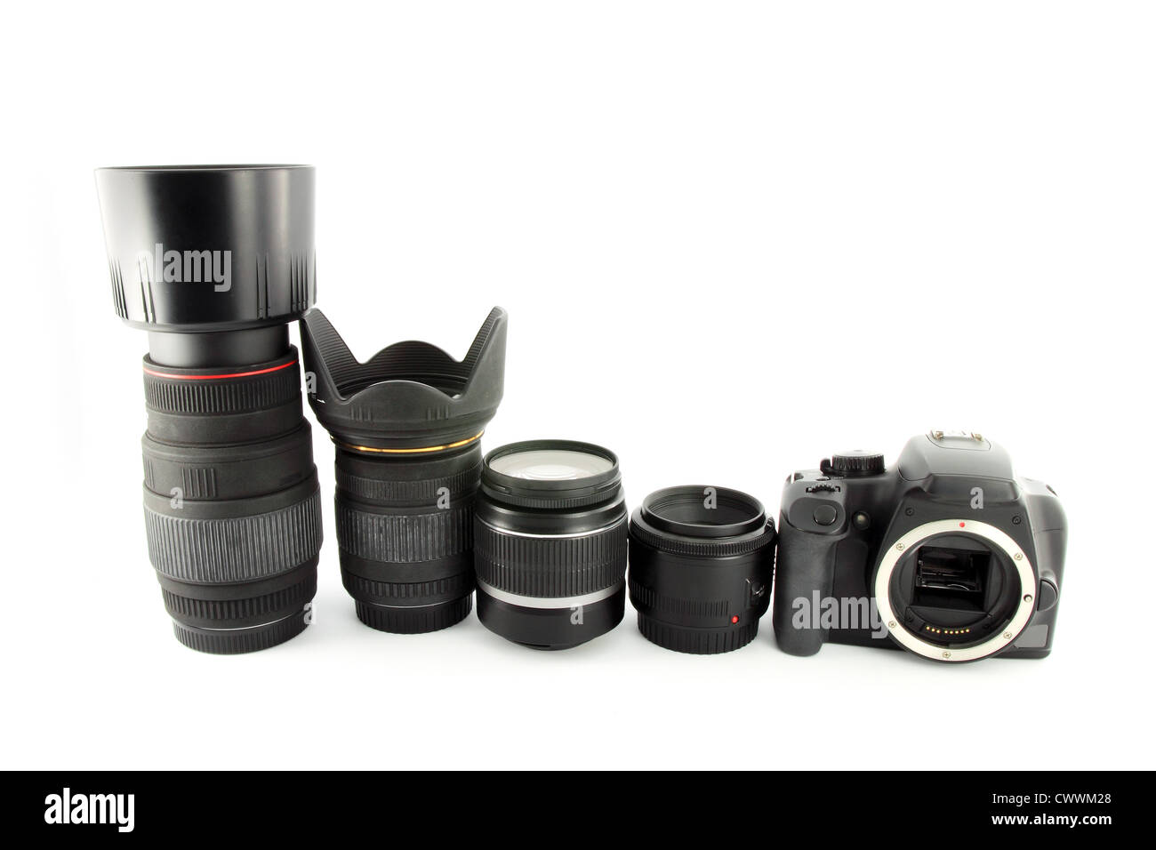 digital camera and lens isolated on white background Stock Photo Alamy