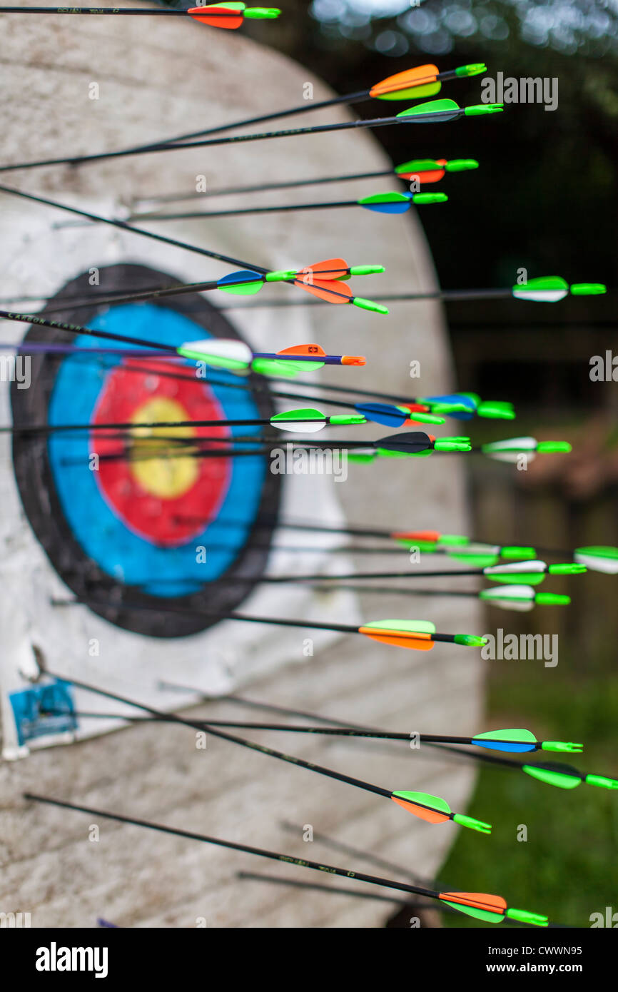 Archery - numerous arrows in a target Stock Photo