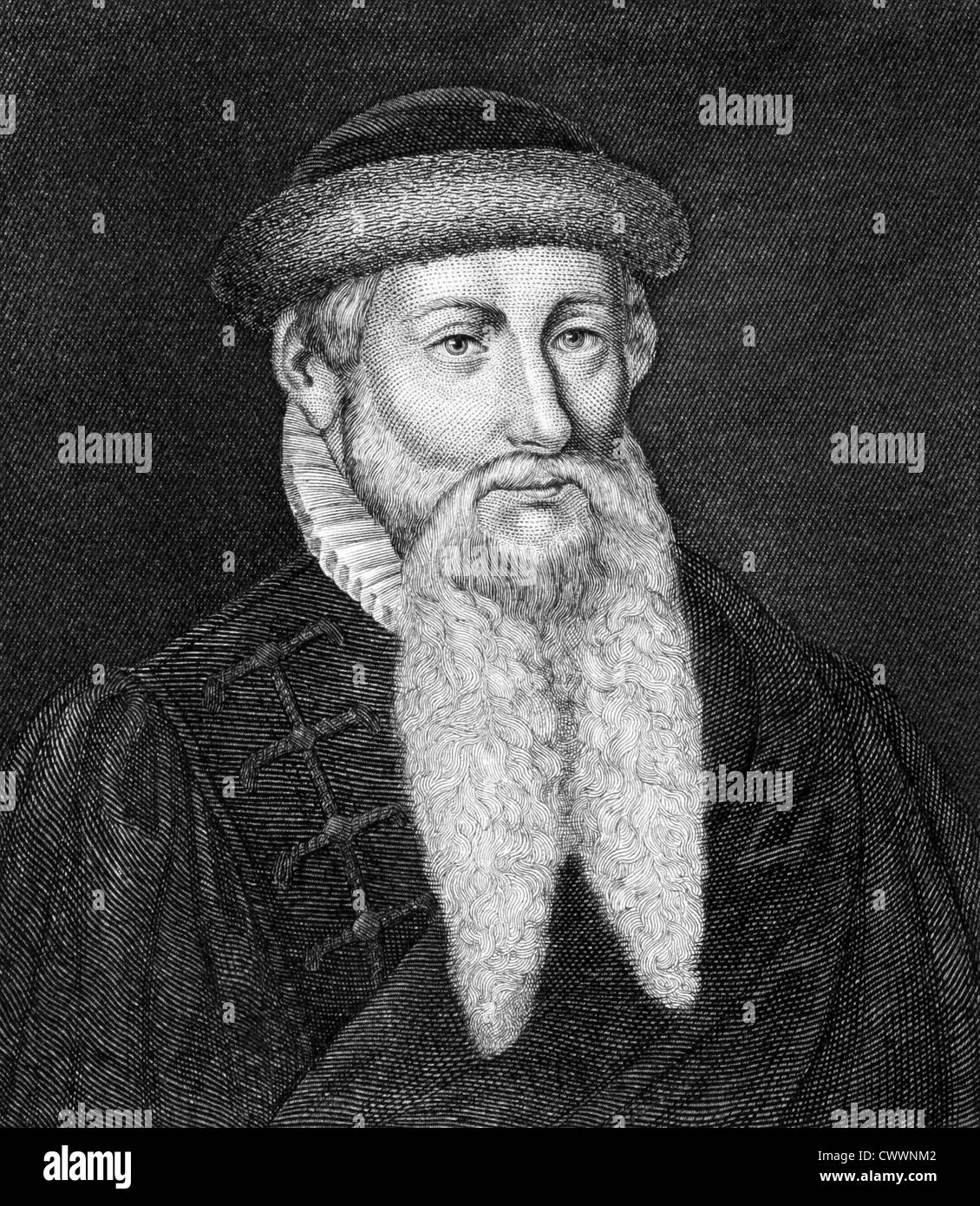 Johannes Gutenberg (1398-1468) on engraving from 1859. German blacksmith, goldsmith, printer, and publisher. Stock Photo