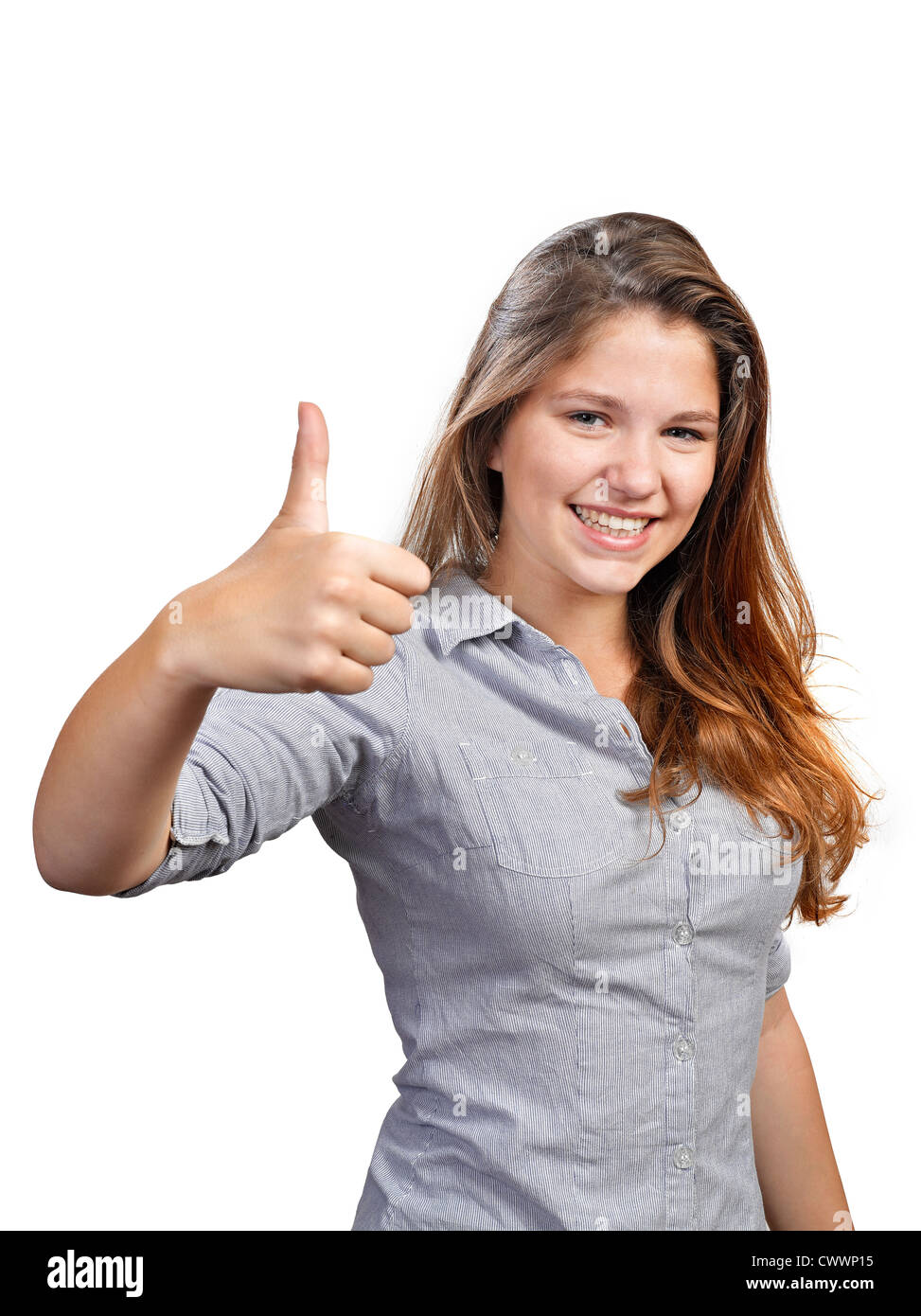 Portrait of attractive young woman showing a thumbs up on white ...