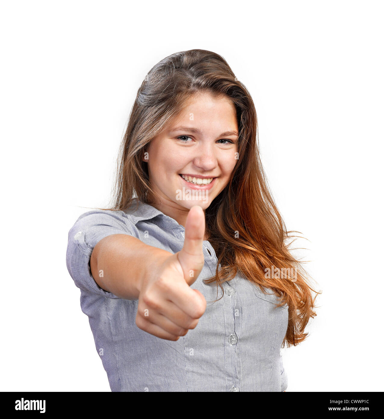 Portrait of attractive young woman showing a thumbs up on white ...