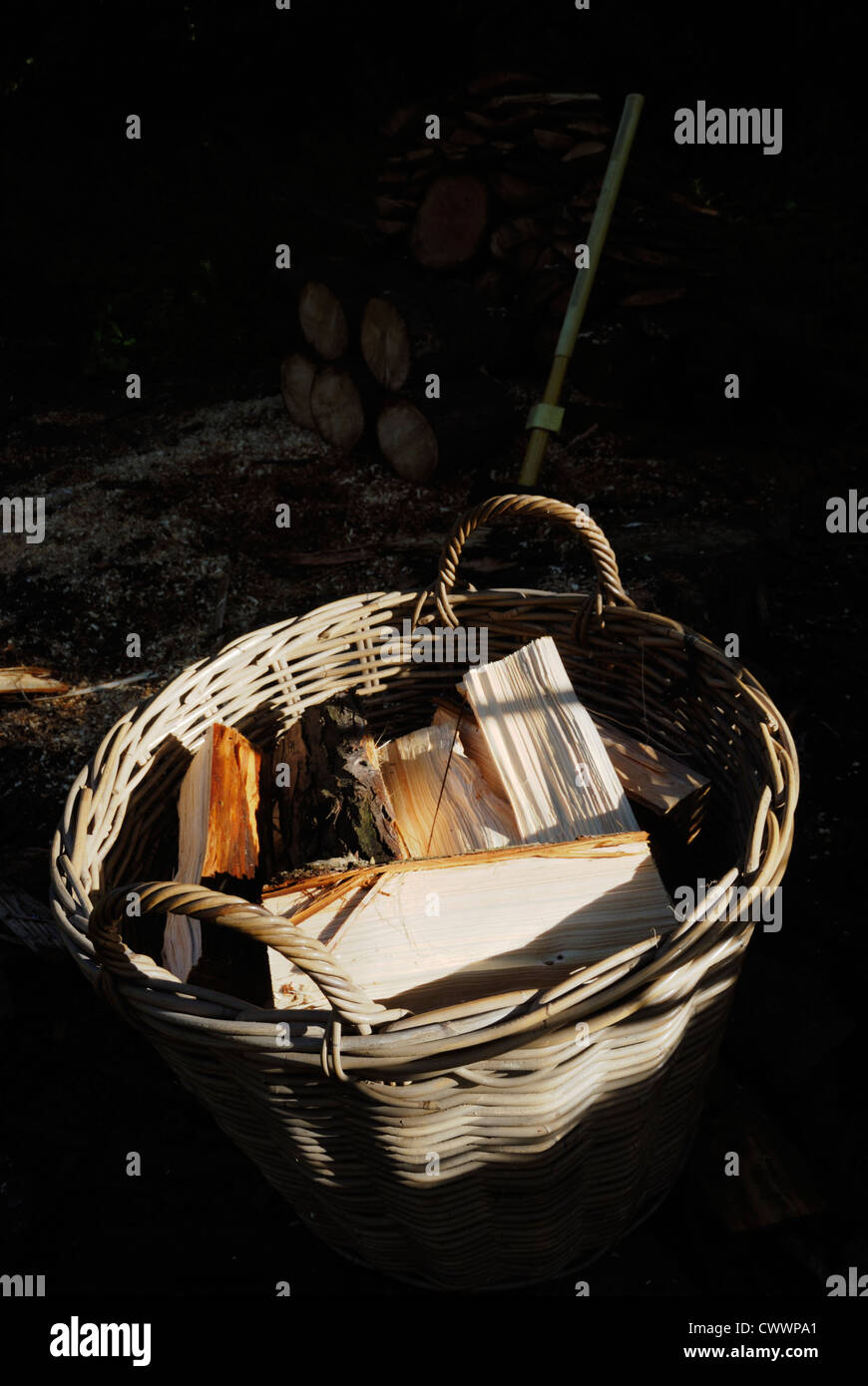 Split firewood logs in a woven basket, Wales Stock Photo Alamy