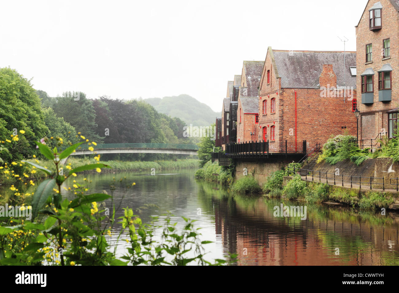 View of riverside homes and Baths Bridge, Durham Stock Photo
