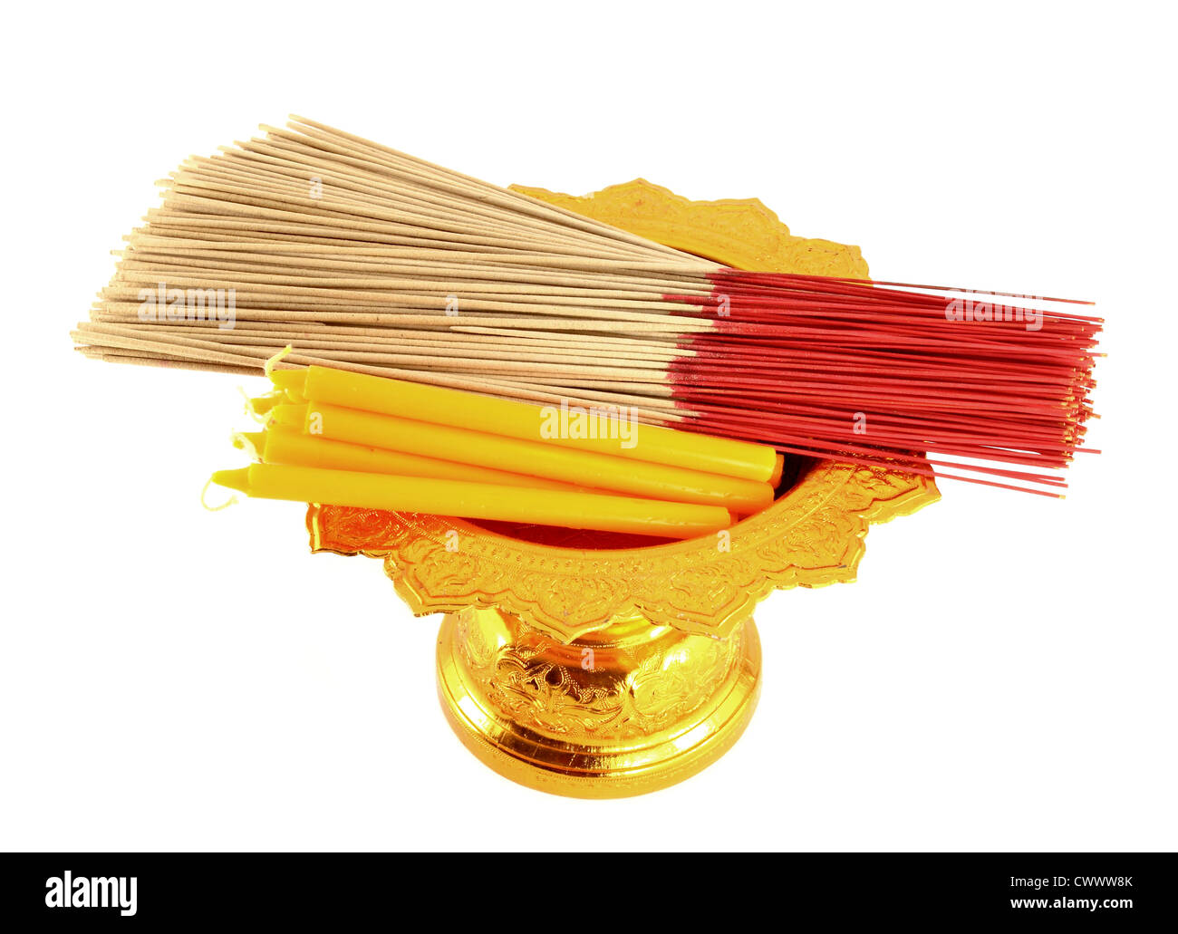candle and incense on golden tray on white background Stock Photo Alamy