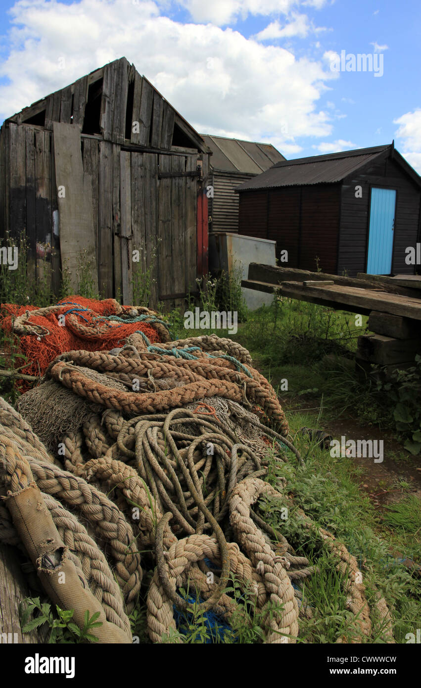 fishermen's ropes, nets and huts on mouth of River Blyth Southwold Suffolk East Anglia England UK Stock Photo