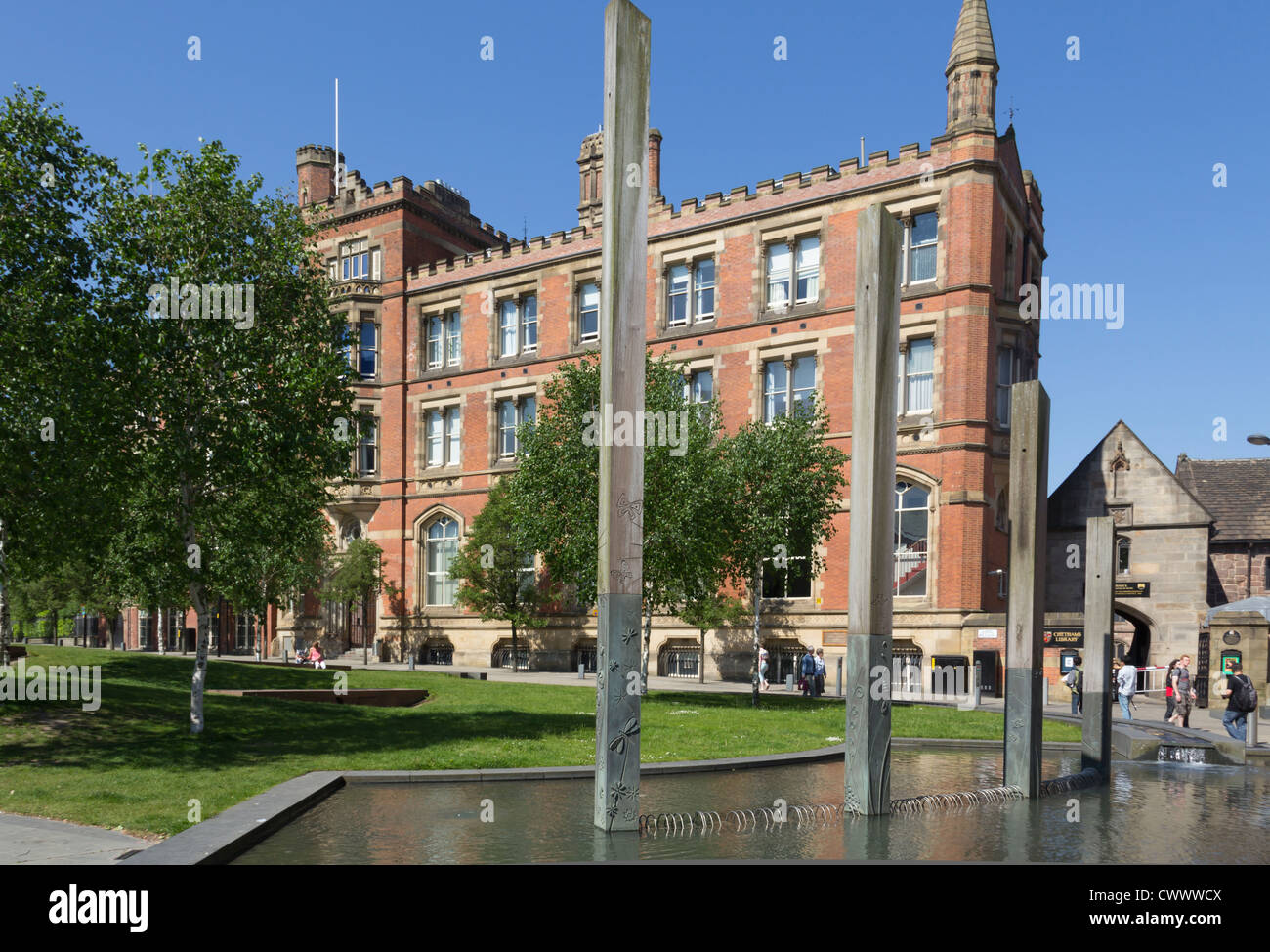 Water feature in Manchester cathedral gardens and the Millgate and