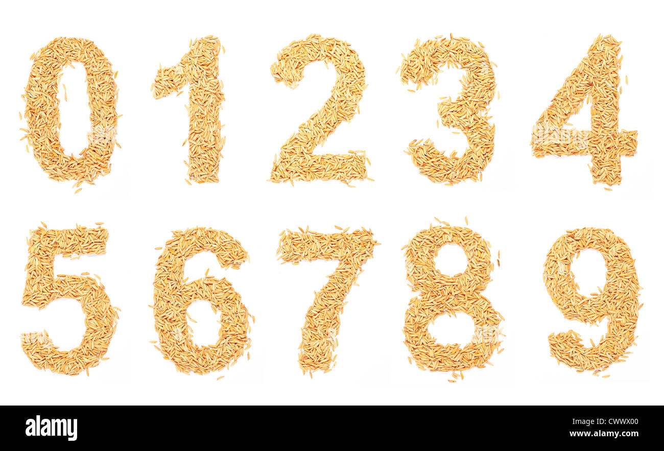 Number Using White Rice number, alphabet,Letter from Paddy rice on white Stock Photo - Alamy