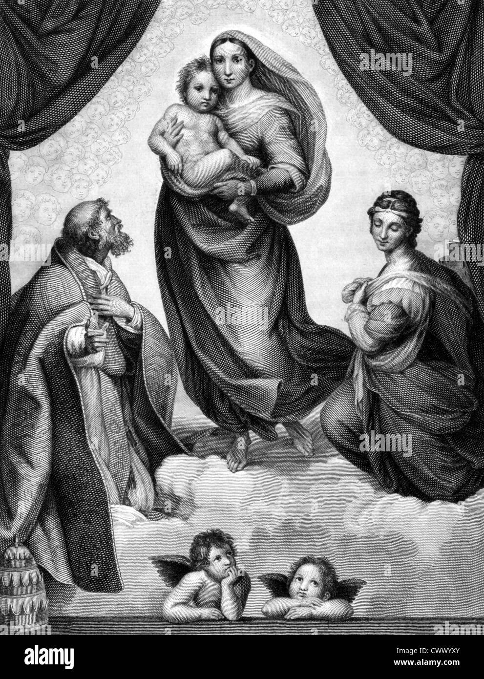 Sistine Madonna on engraving from 1859  after an oil painting by Raphael. Stock Photo