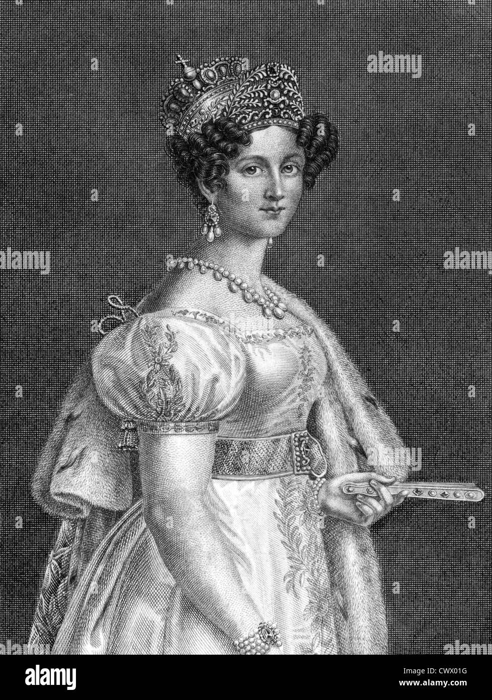 Therese of Saxe-Hildburghausen (1792-1854) on engraving from 1859. Queen of Bavaria. Stock Photo