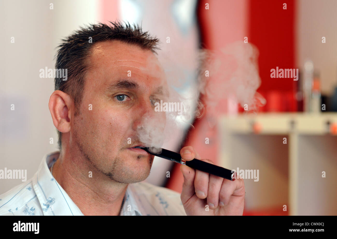 Jason Lee has opened a shop in Elm Grove Brighton called The Vapour Trail where he only sells electronic cigarettes Stock Photo