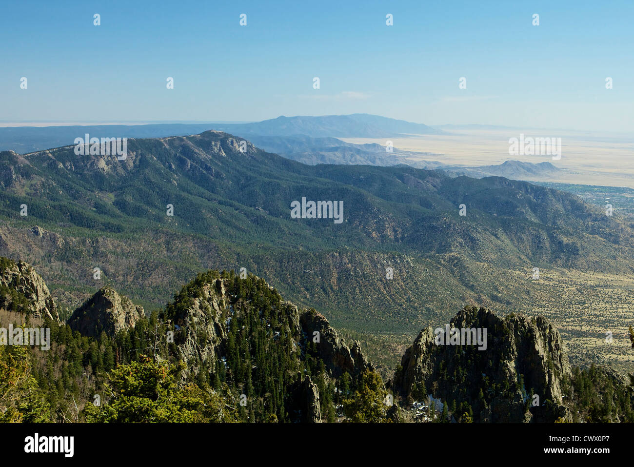 View of the Sandia Mountains from the top of Sandia Crest Stock Photo