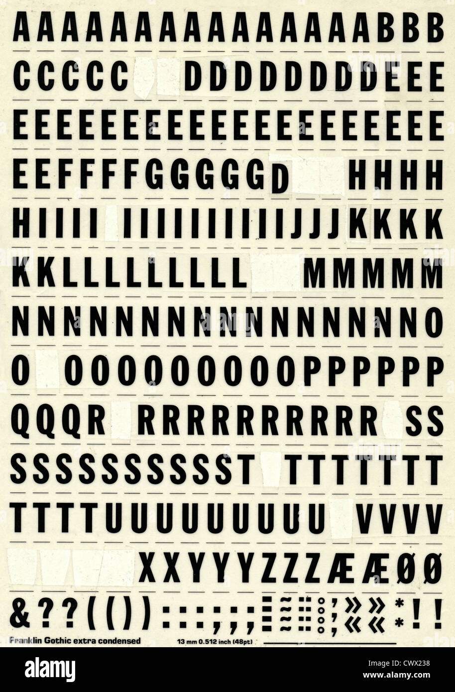 old sheet of transferrable lettering like letraset from the 20th letraset sheet