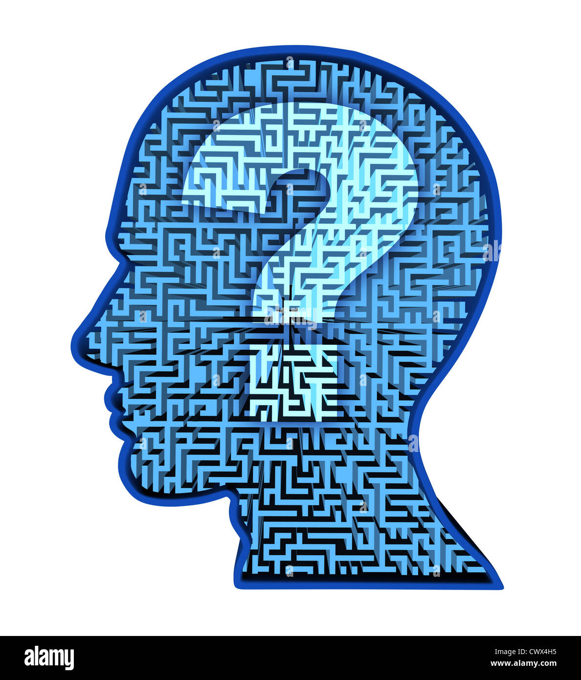 Human brain research and intelligence puzzle with a blue glowing maze and labyrinth in the shape of a human head and question mark as a symbol of the complexity of thinking as a challenging problem to solve by medical doctors. Stock Photo