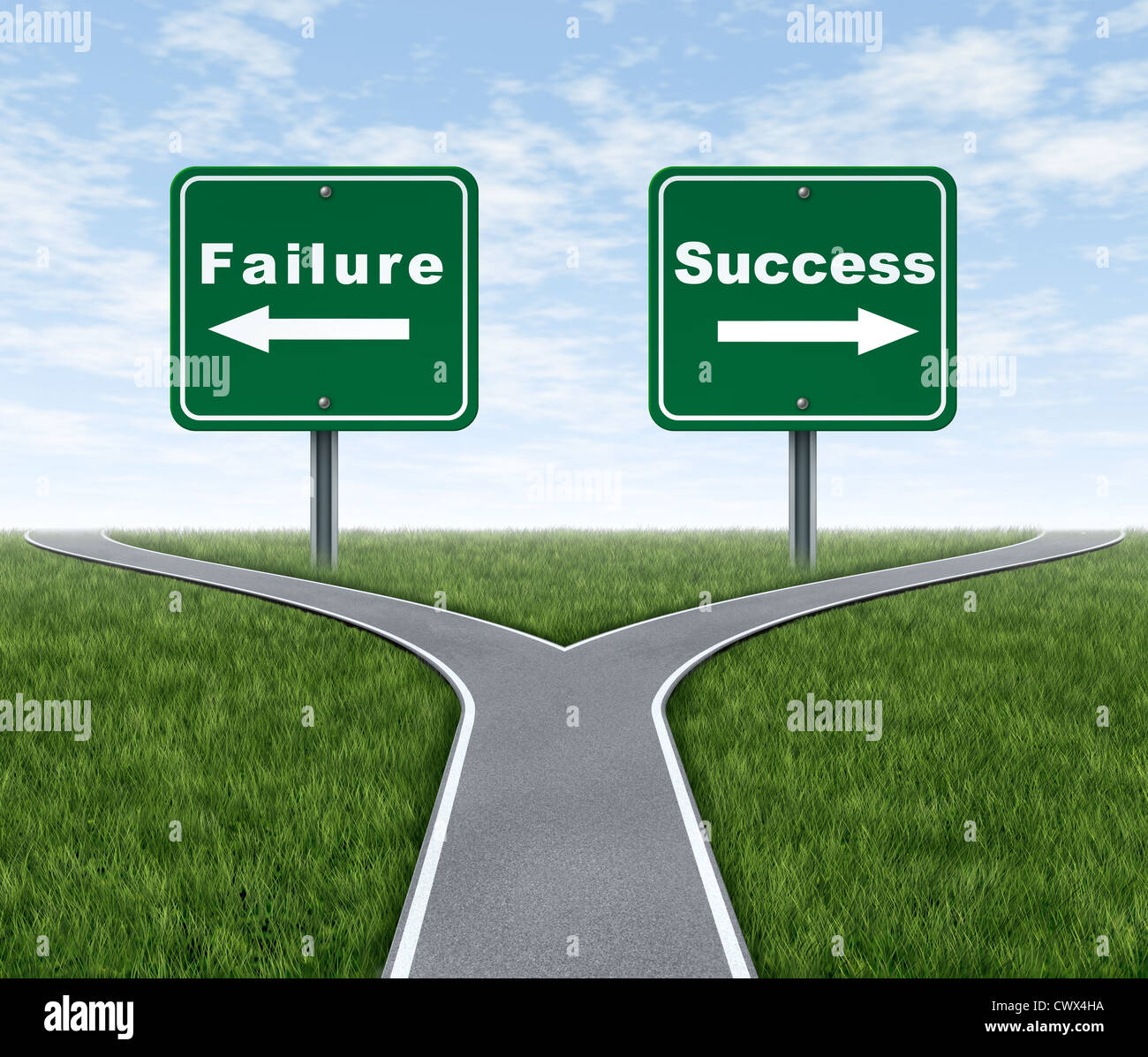Success and failure symbol represented by a forked road with a road sign  representing Failing and another successfulness with arrows for turning in  the direction that is chosen after facing the difficult