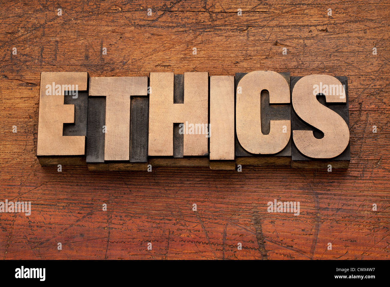 ethics word in vintage letterpress printing blocks against grunge wood background Stock Photo