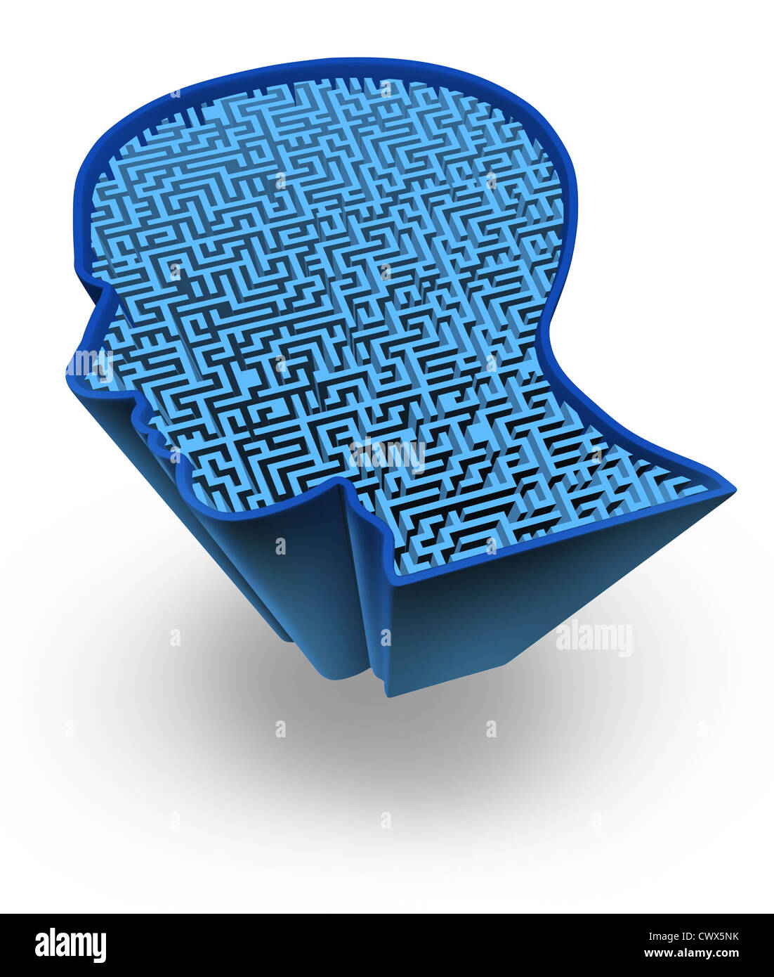 Human brain and intelligence puzzle with a blue glowing maze and labyrinth in the shape of a human head as a symbol of the complexity of brain thinking as a challenging problem to solve by medical doctors. Stock Photo