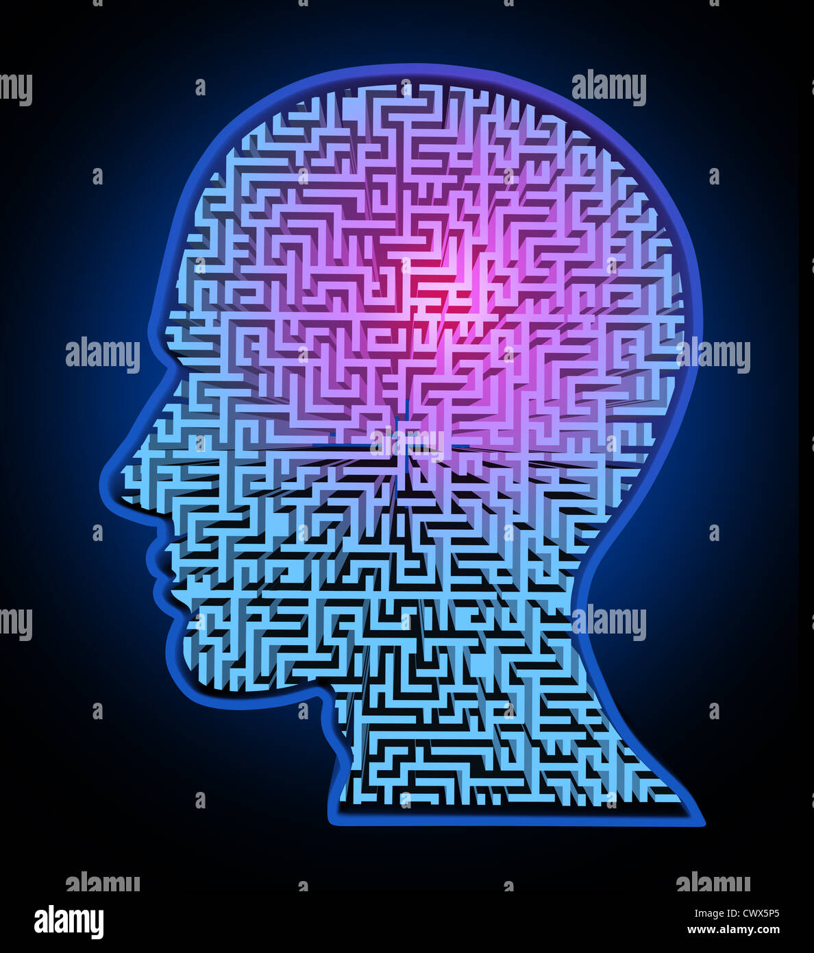 Human intelligence puzzle represented by a blue glowing maze and labyrinth in the shape of a human head representing the concept and symbol of the complexity of brain thinking and thought patterns as a challenging problem to solve by medical doctors. Stock Photo