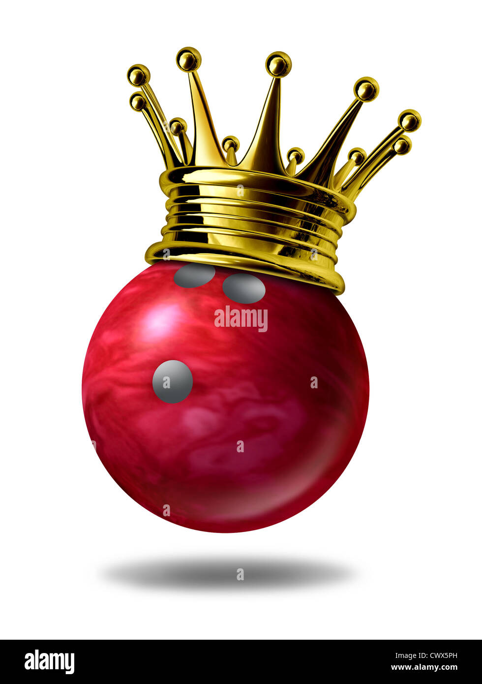 Bowling king champion symbol represented by a golden crown on a red plastic marble bowling ball for bowlers representing the winning of a tournament or game at a bowling alley due to many strikes of the pins.. Stock Photo