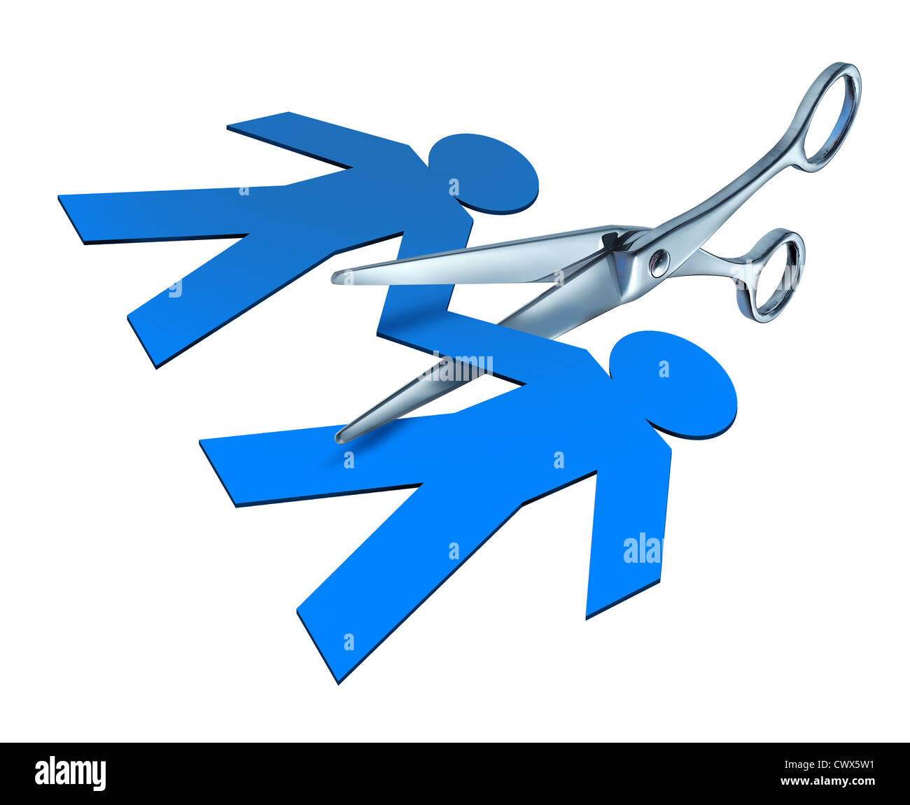 Breaking up and broken partnership or divorce separation with scissors cutting paper cut out of people shapes. Stock Photo