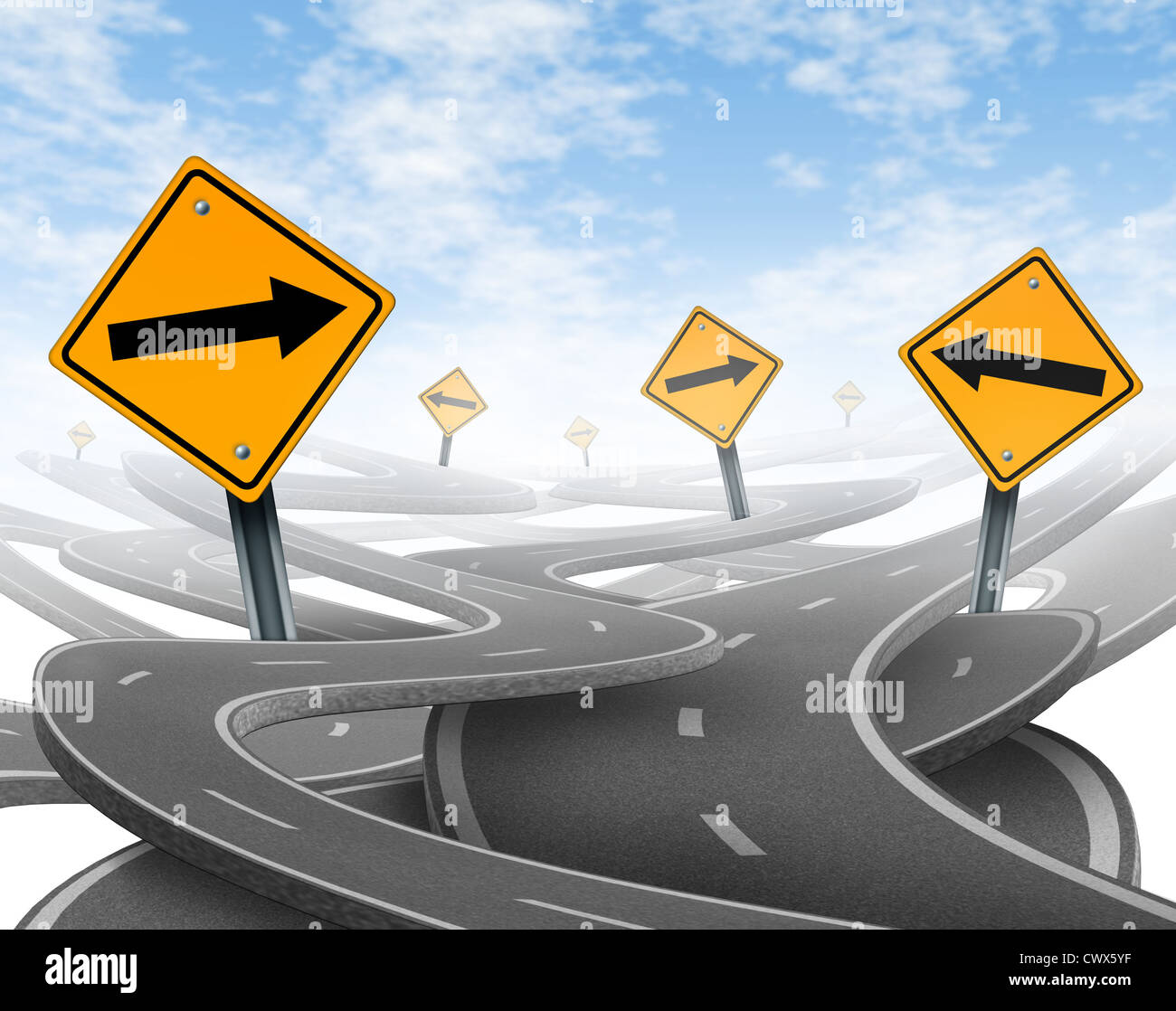 Stay on course symbol representing dilemma and concept of losing control of onesgoals and strategic journey choosing the right strategic path for business with a blank yellow traffic signs tangled roads and highways in a confused direction. Stock Photo