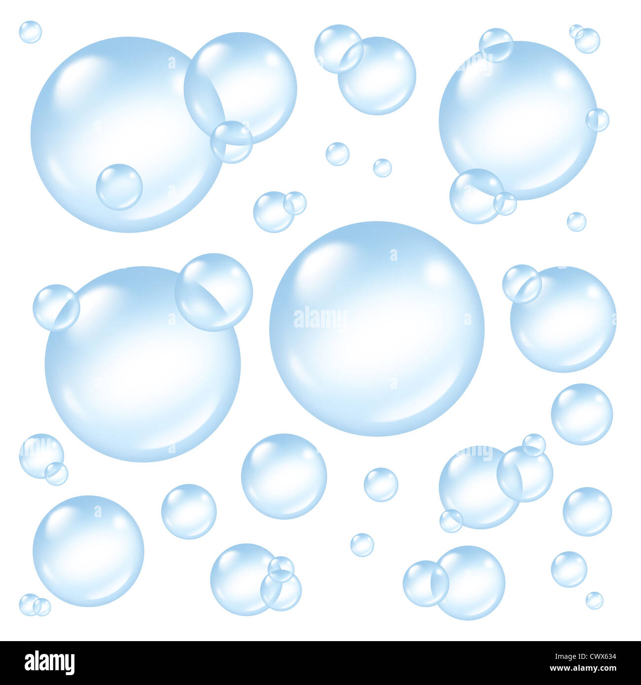 Bubbles and transparent soap sud bubble composition with a soap suds in many circular sizes in the air floating as clean blue sy Stock Photo