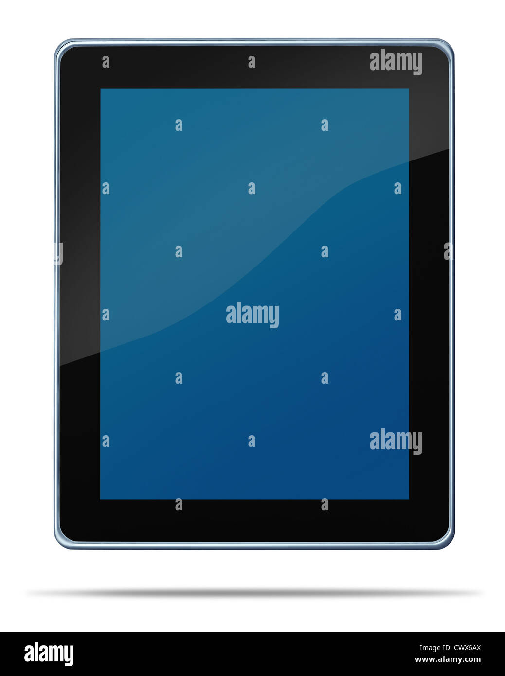 Tablet computerdigital display touch screen electronic gadget on a white background and shadow representing the technology concept of computing media tool for digital content distribution as digiat music e-books movies and internet browsing. Stock Photo
