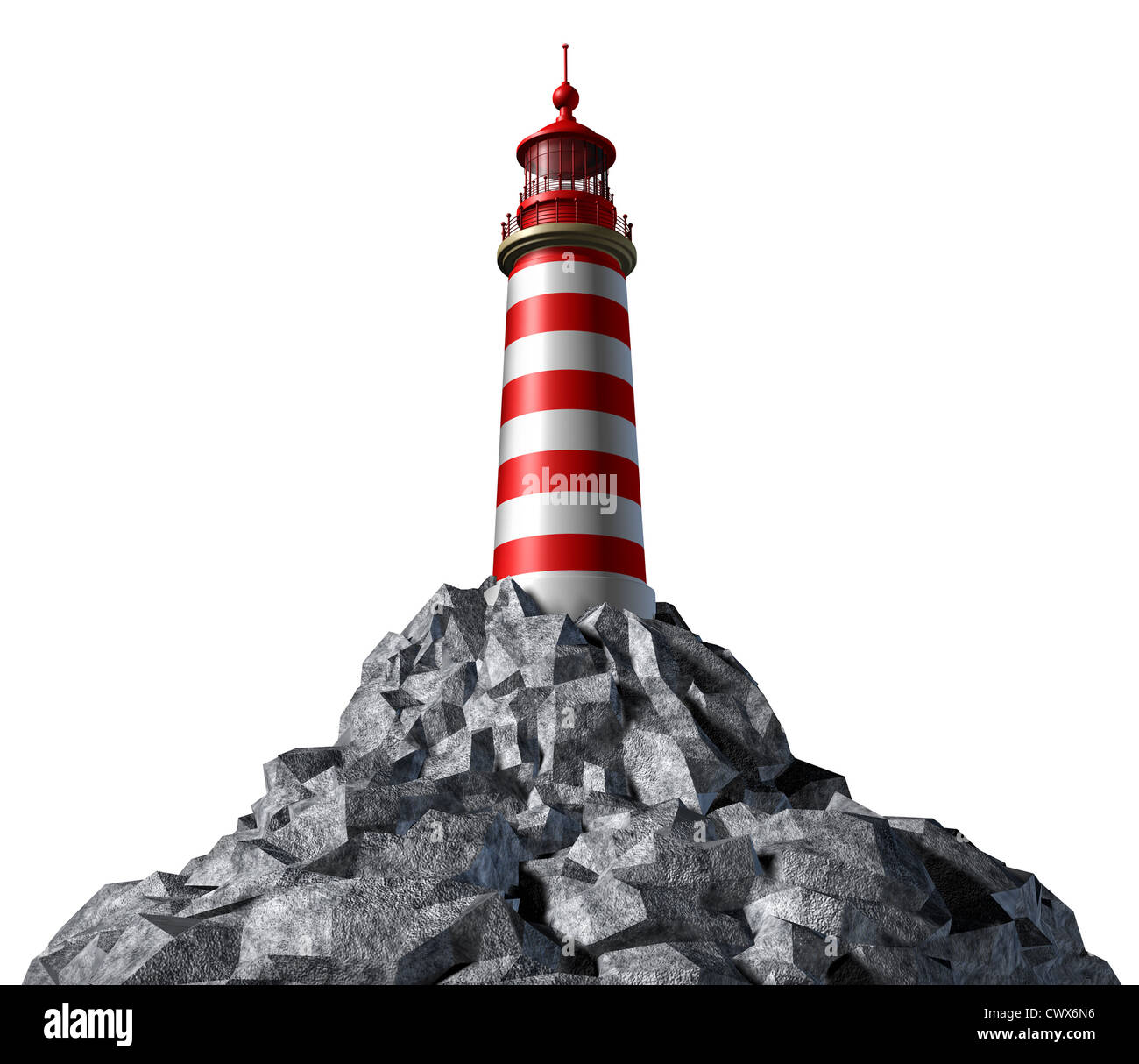 Lighthouse on a rock mountain and strategic guidance symbol with a light house concept on a white background from the high tower for security and clear direction assistance in planning for a business strategy and clear guidance and consultation advice. Stock Photo