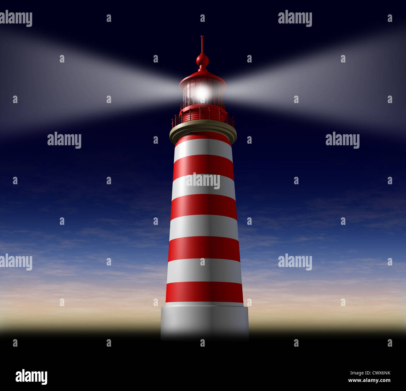 Beacon of hope and strategic guidance symbol with a lighthouse concept beaming light from the high tower for security and clear Stock Photo