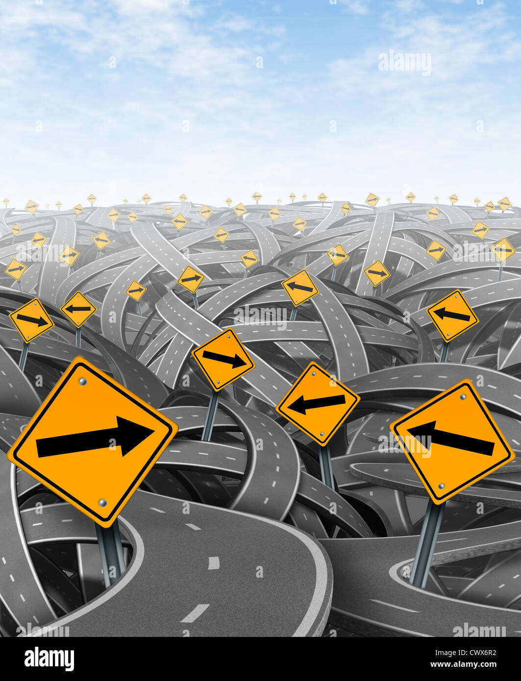 Solutions and strategy with goals and strategic journey choosing the right strategic path for business with yellow traffic signs with arrows tangled roads and highways in a confused direction. Stock Photo