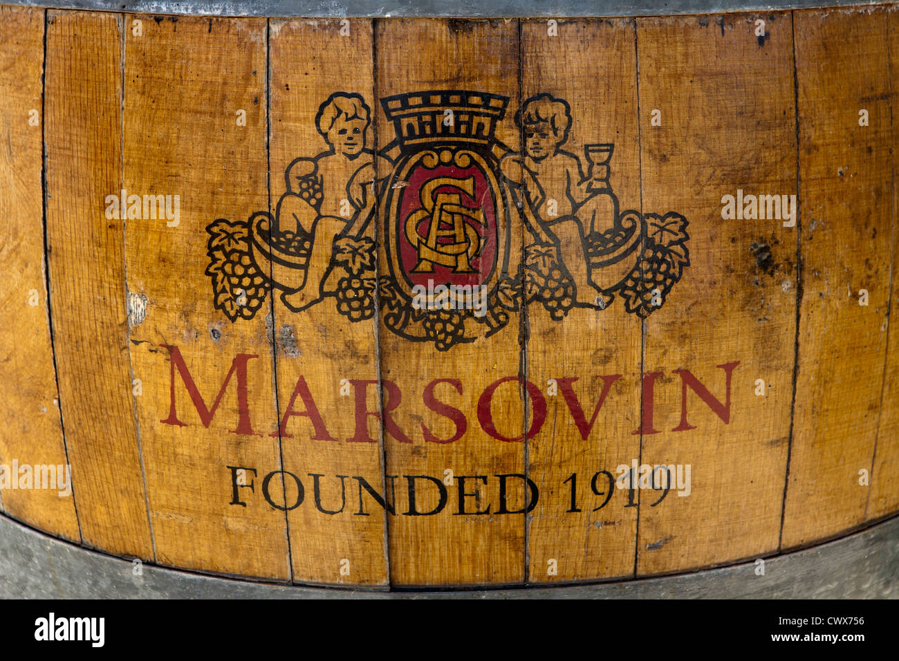 Barrel from Marsovin Vineyard on the Island of Malta, Mediterranean Sea Stock Photo