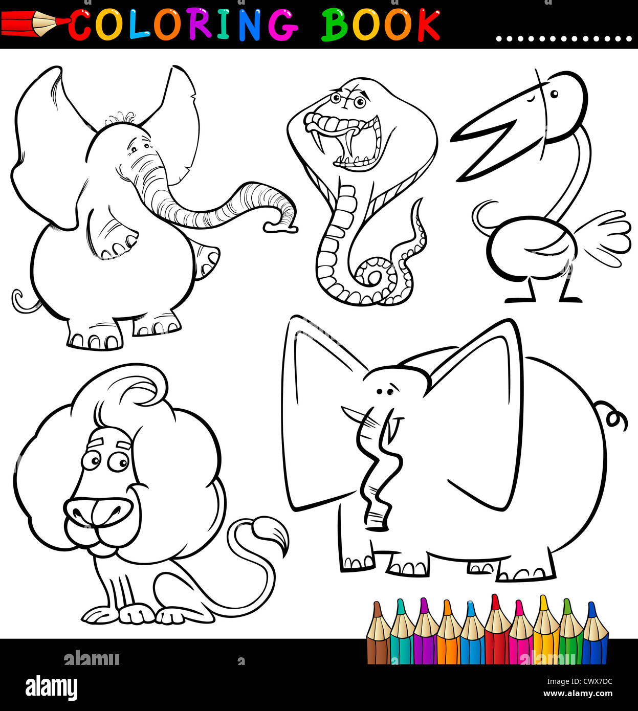 Coloring Book or Page Cartoon Illustration of Funny Wild and Safari Animals for Children Stock Photo