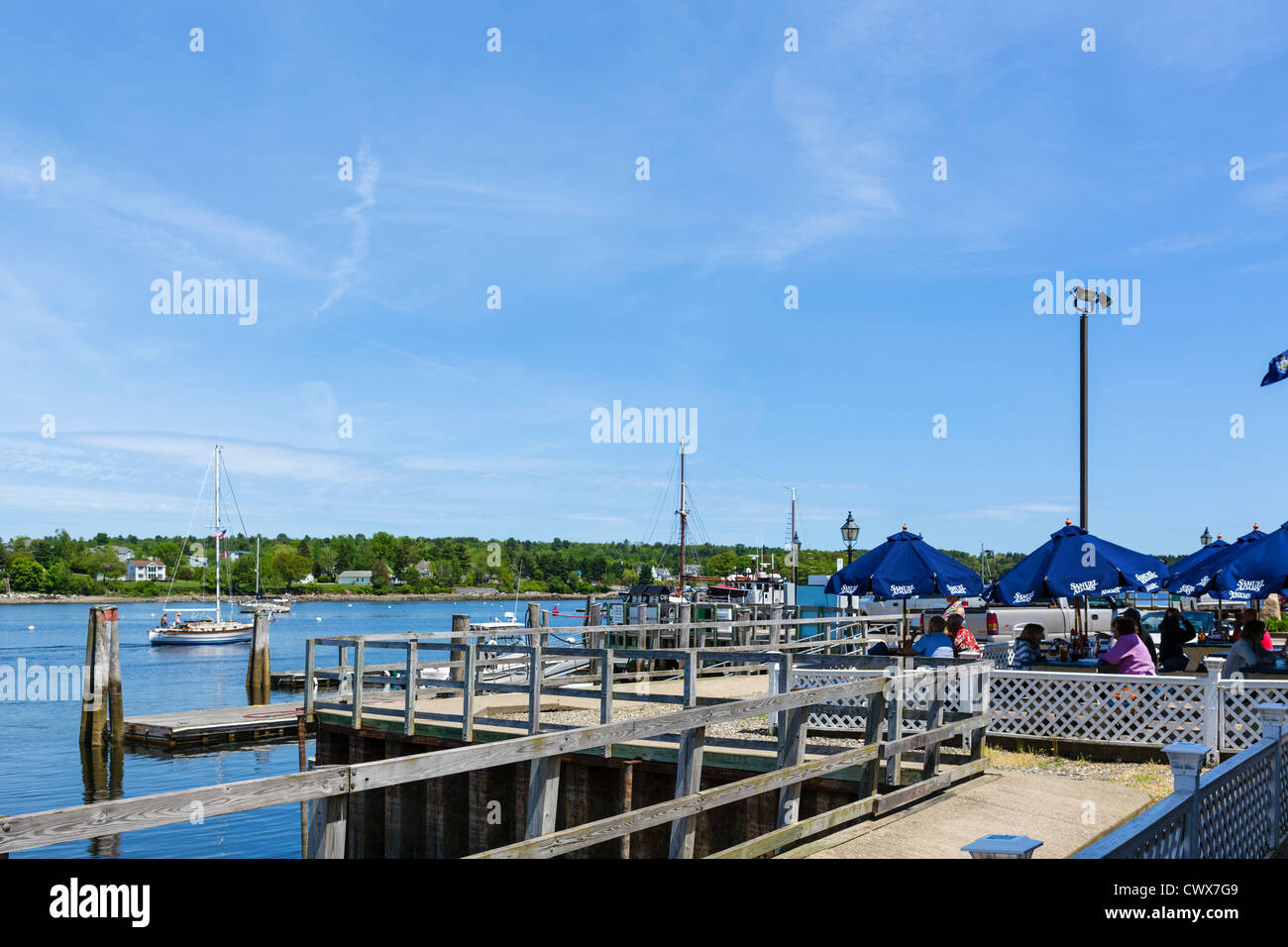 Weathervane waterfront restaurant on the Passagassawakeag Riverin the historic town of Belfast, Waldo County, Maine, USA Stock Photo