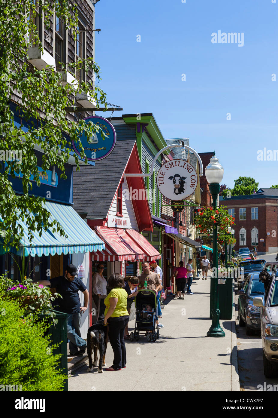 Shops and restaurants on Main Street in Camden, Knox County, Maine, USA