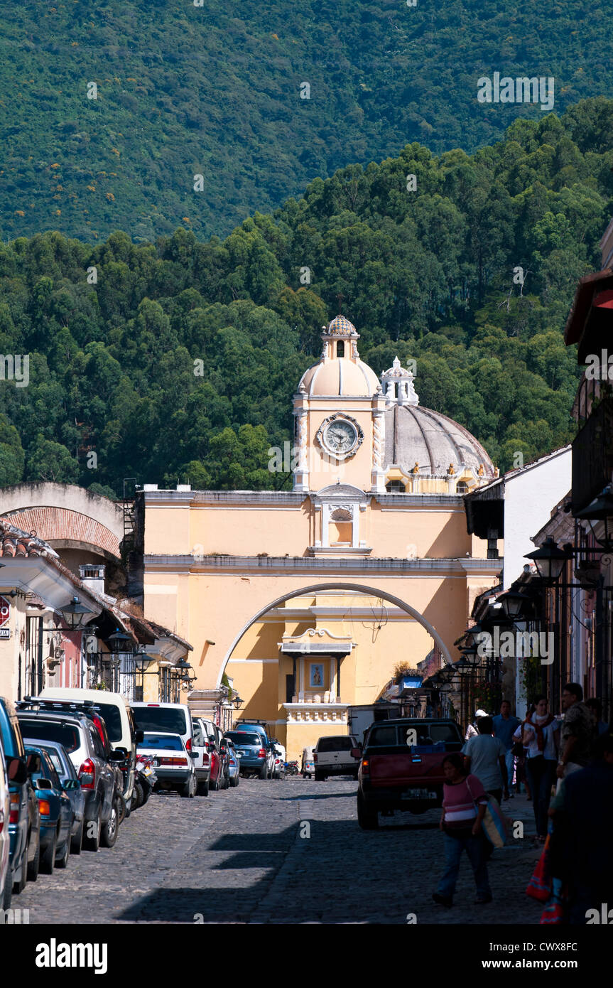 Downtown street and the Church of our Lady of Mercy, Antigua, Guatemala, a UNESCO World Heritage