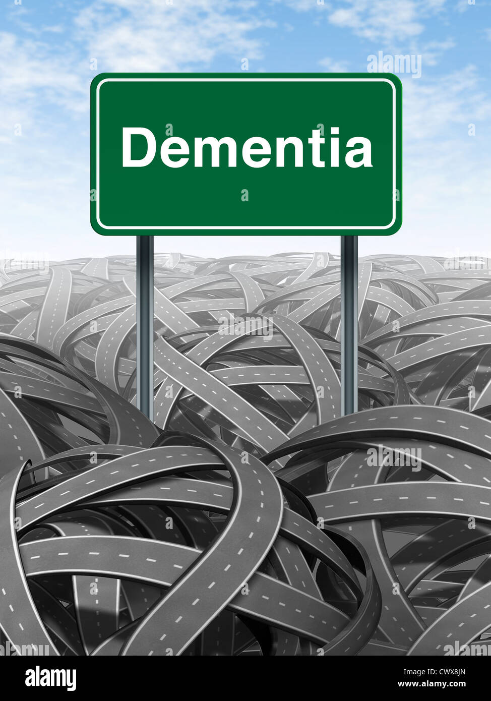Dementia and alzheimer Disease medical concept with a green highway road sign with text refering to memory loss and human brain Stock Photo