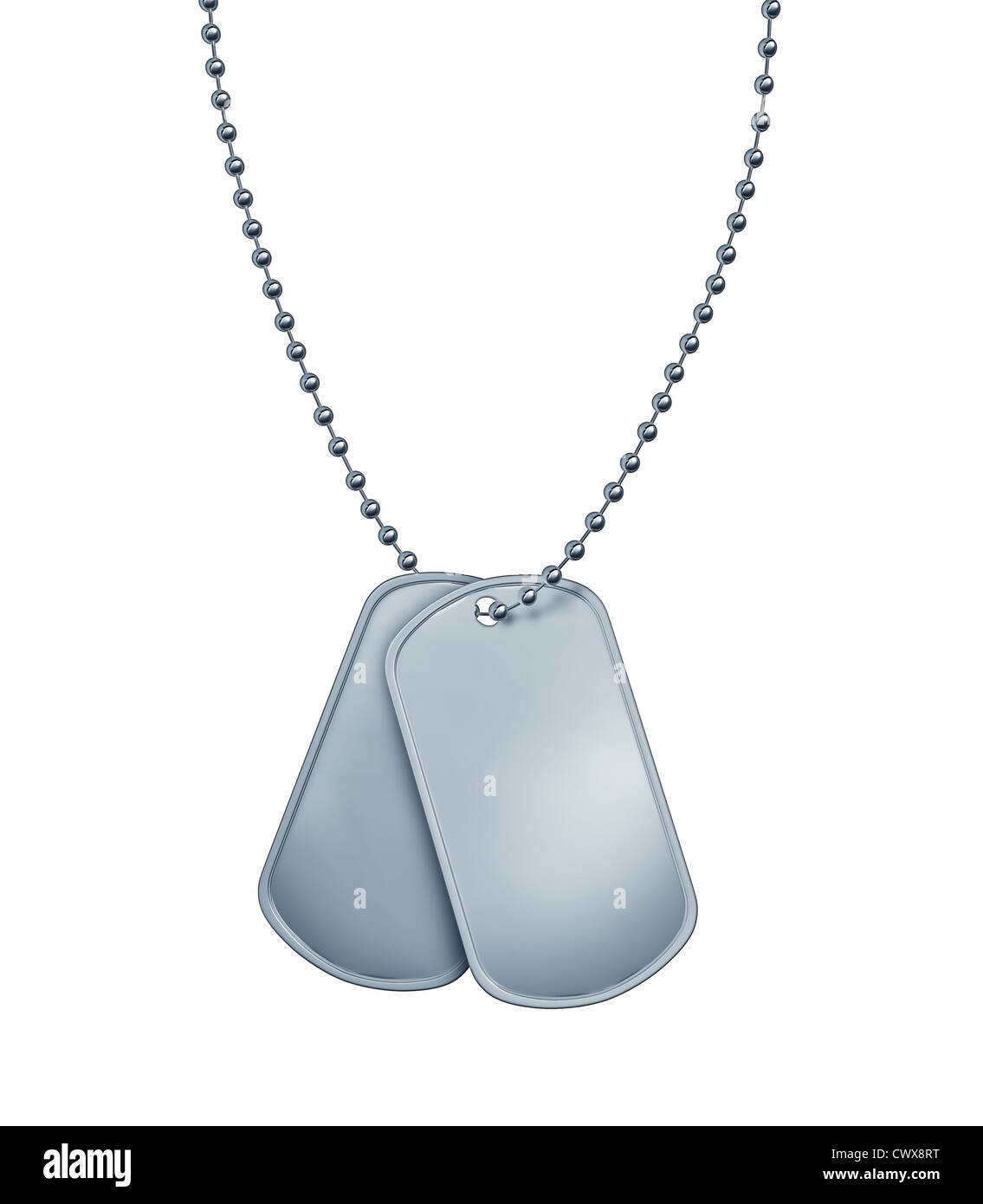 Dog Tags made of blank metal with beaded necklace isolated on white as a symbol of the American military identification of soldiers in a combat zone for emergency medical attention for wounded and fallen heroes. Stock Photo