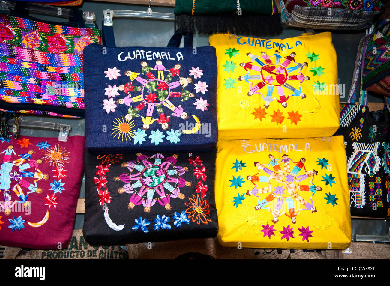 Cloth bags souvenirs at El Carmen artisan market Antigua, Guatemala