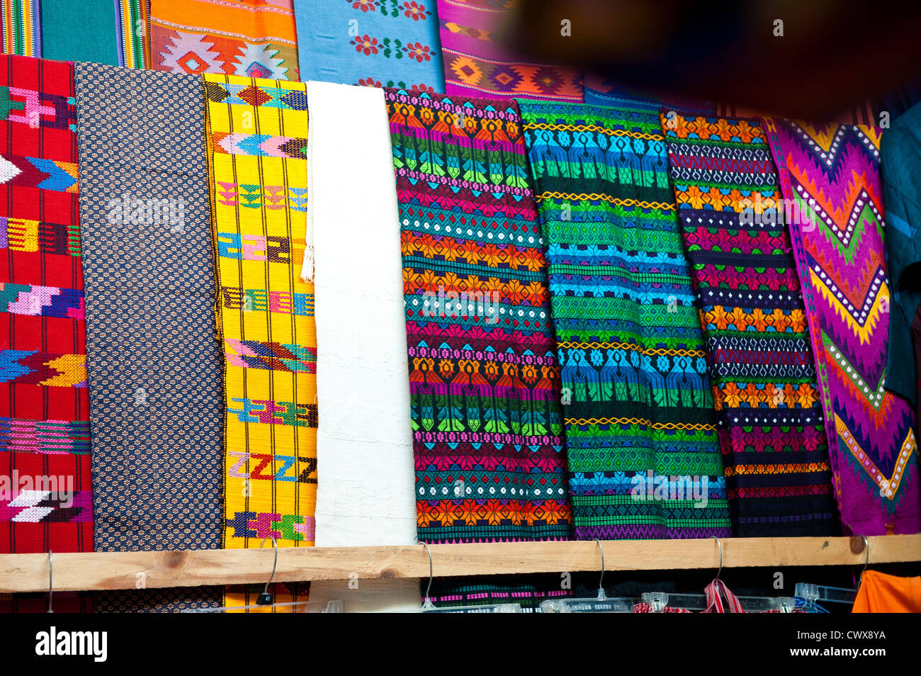 Woven blankets at the El Carmen artisan market Antigua, Guatemala